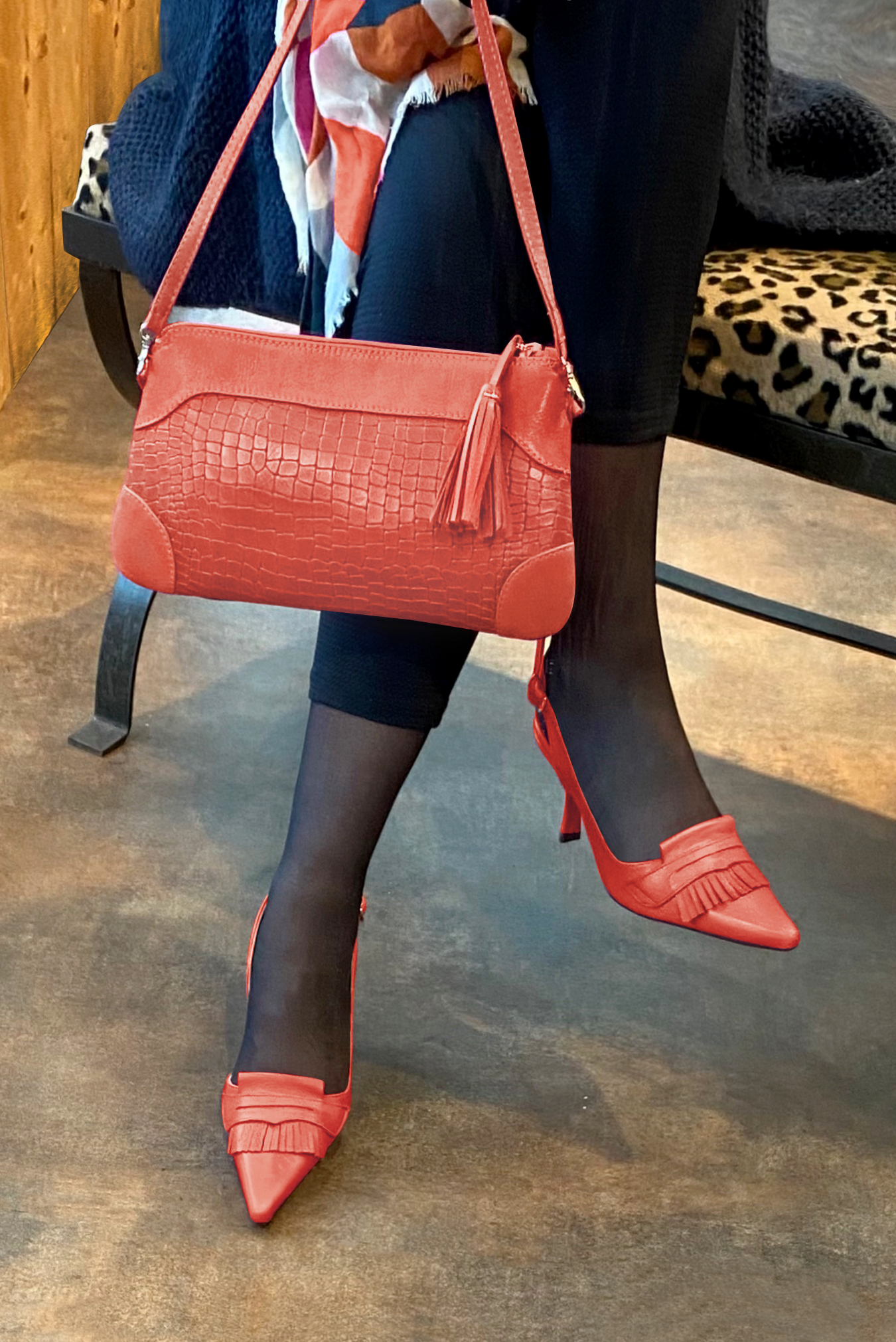 Coral orange women's slingback shoes. Pointed toe. High spool heels. Worn view - Florence KOOIJMAN